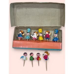 10 Vintage 1950's Wooden Happy Birthday Cake Candle Holders Angels Soldiers